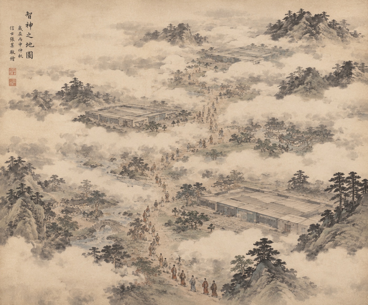 A classical ink-wash landscape of robed pilgrims processing through misty mountains towards data centres