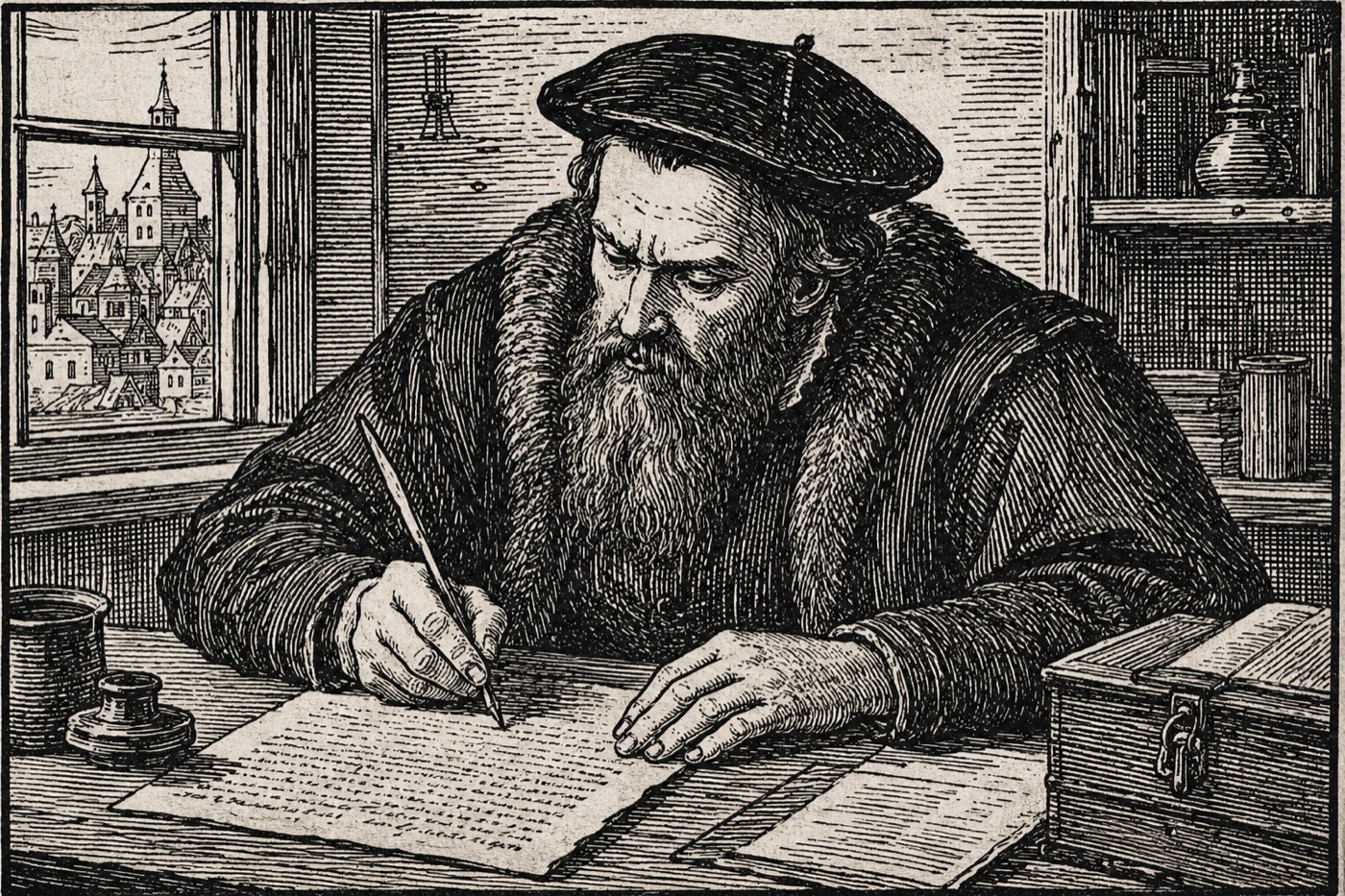 A woodcut engraving of a stern bearded scholar recording forbidden words with a quill