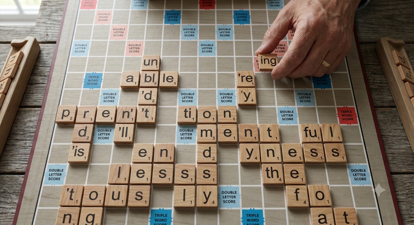 A Scrabble board where every tile is a subword token—'un', 'able', 'tion', 'ing'—mid-game