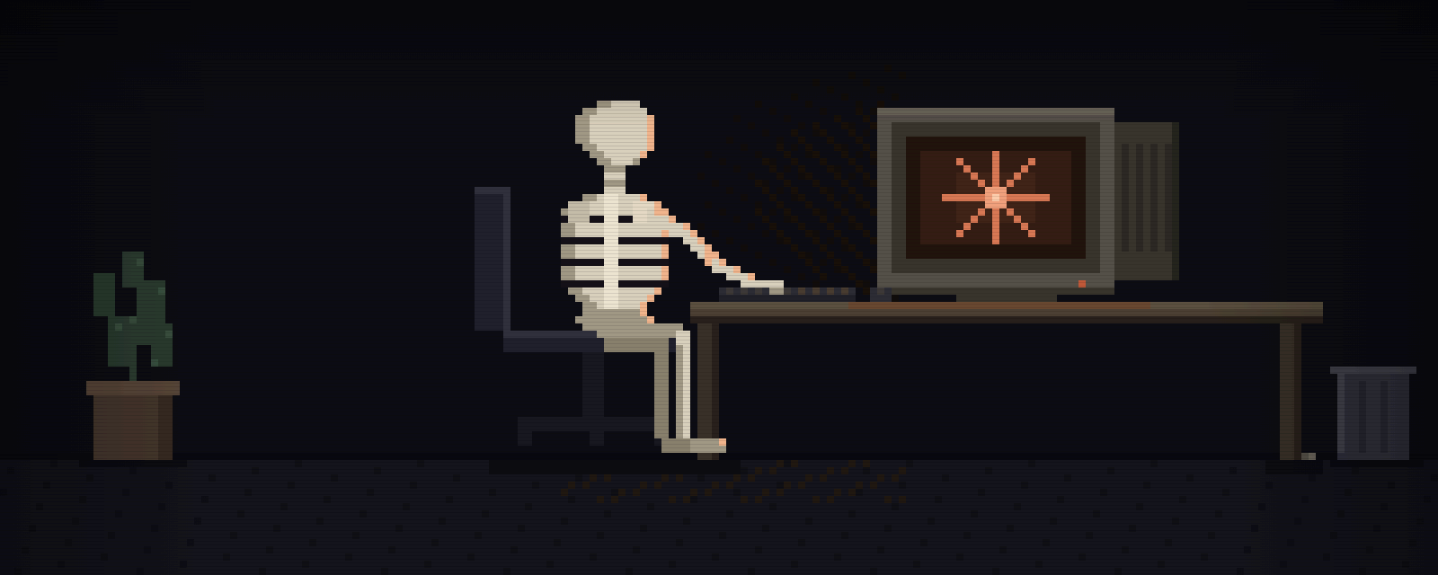 A skeleton sits at a desk, watching a spinner turn on an old CRT monitor