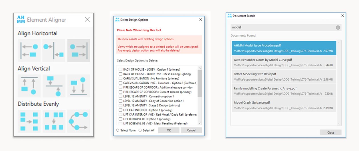 Three AHMM Tools dialogs: Element Aligner, Delete Design Options and Document Search