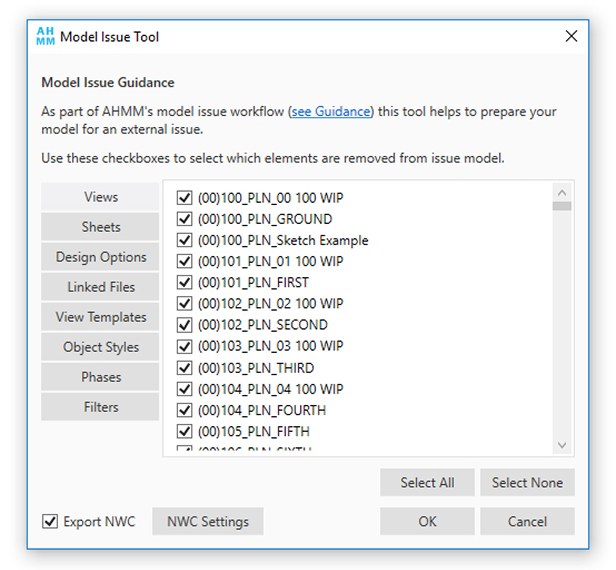 The Model Issue Tool: checkboxes for stripping views, sheets and templates before external issue