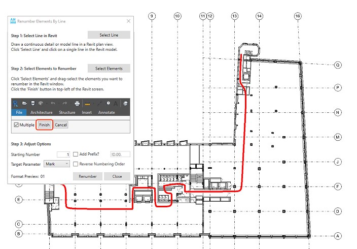 Renumber By Line: a red spline over a floor plan defining element numbering order