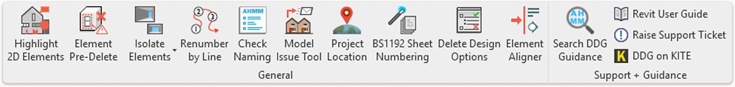 The AHMM Tools ribbon in Revit: twelve tools from Highlight 2D Elements to Element Aligner, plus support and guidance