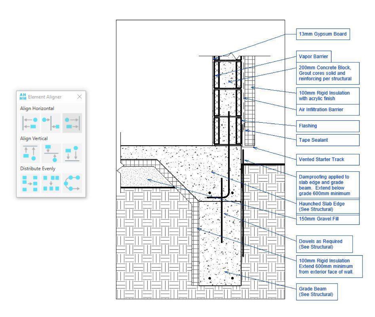 AHMM Tools: the element aligner palette beside an annotated construction detail