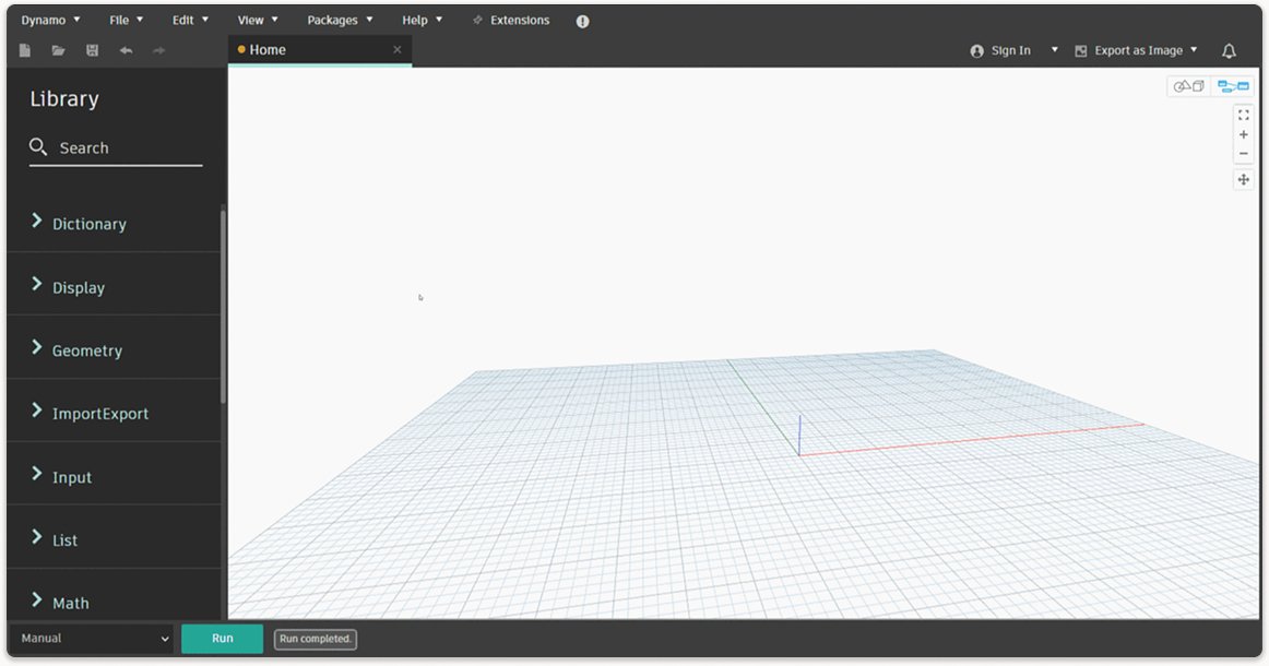 The rebuilt Dynamo home canvas: library panel, geometry grid and run controls