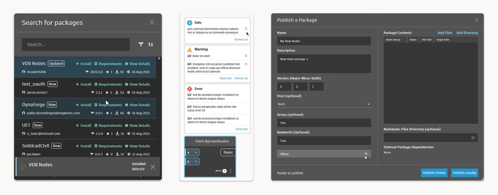Three rebuilt Dynamo panels: package search, the hierarchical info/warning/error system and the package publisher