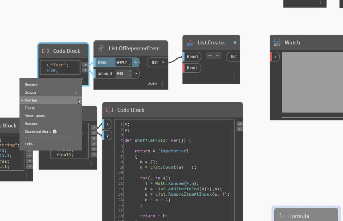 The rebuilt Dynamo node interface showing code blocks, node connections and context menus