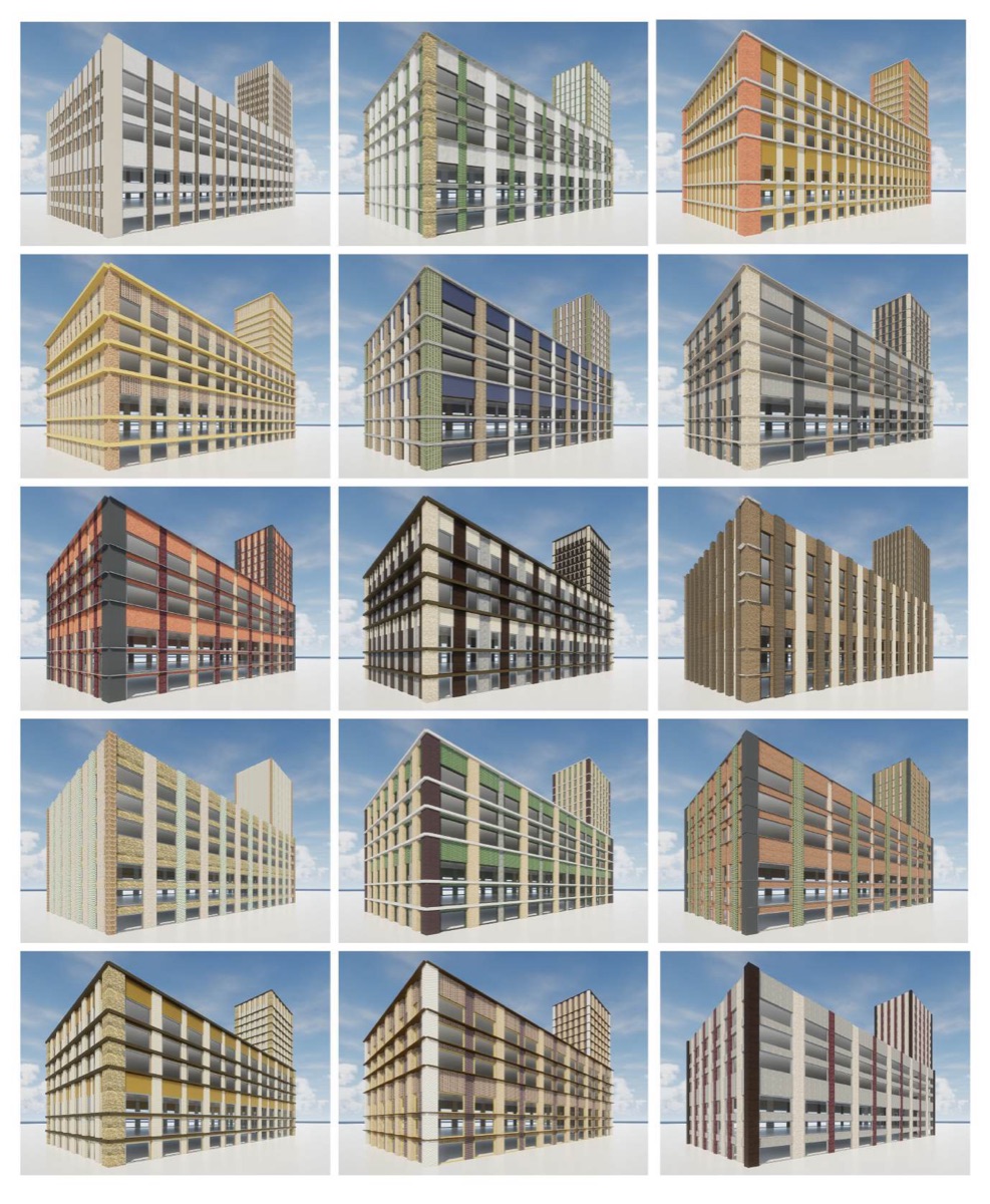 A matrix of fifteen generated facade options in different materials and colourways