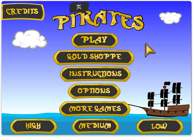 Pirates: a gold-lettered menu screen with a galleon on the high seas