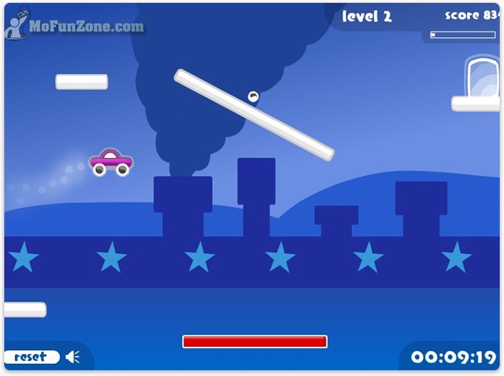 Rocketcar 2 mid-level: a pink car leaping factory chimneys against a blue sky