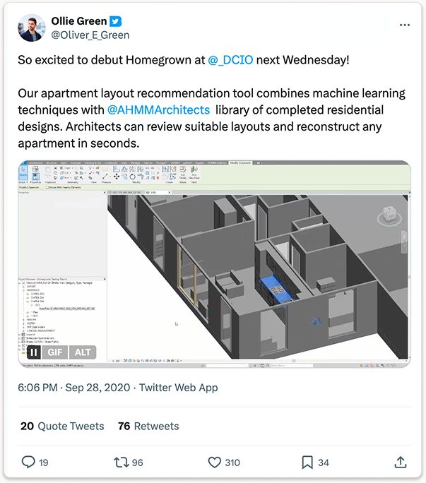 The launch tweet debuting Homegrown at DC I/O, with 96 retweets and 310 likes
