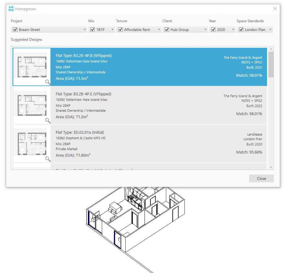 Homegrown's suggested designs dialog in Revit, ranking previously built apartment layouts by match percentage