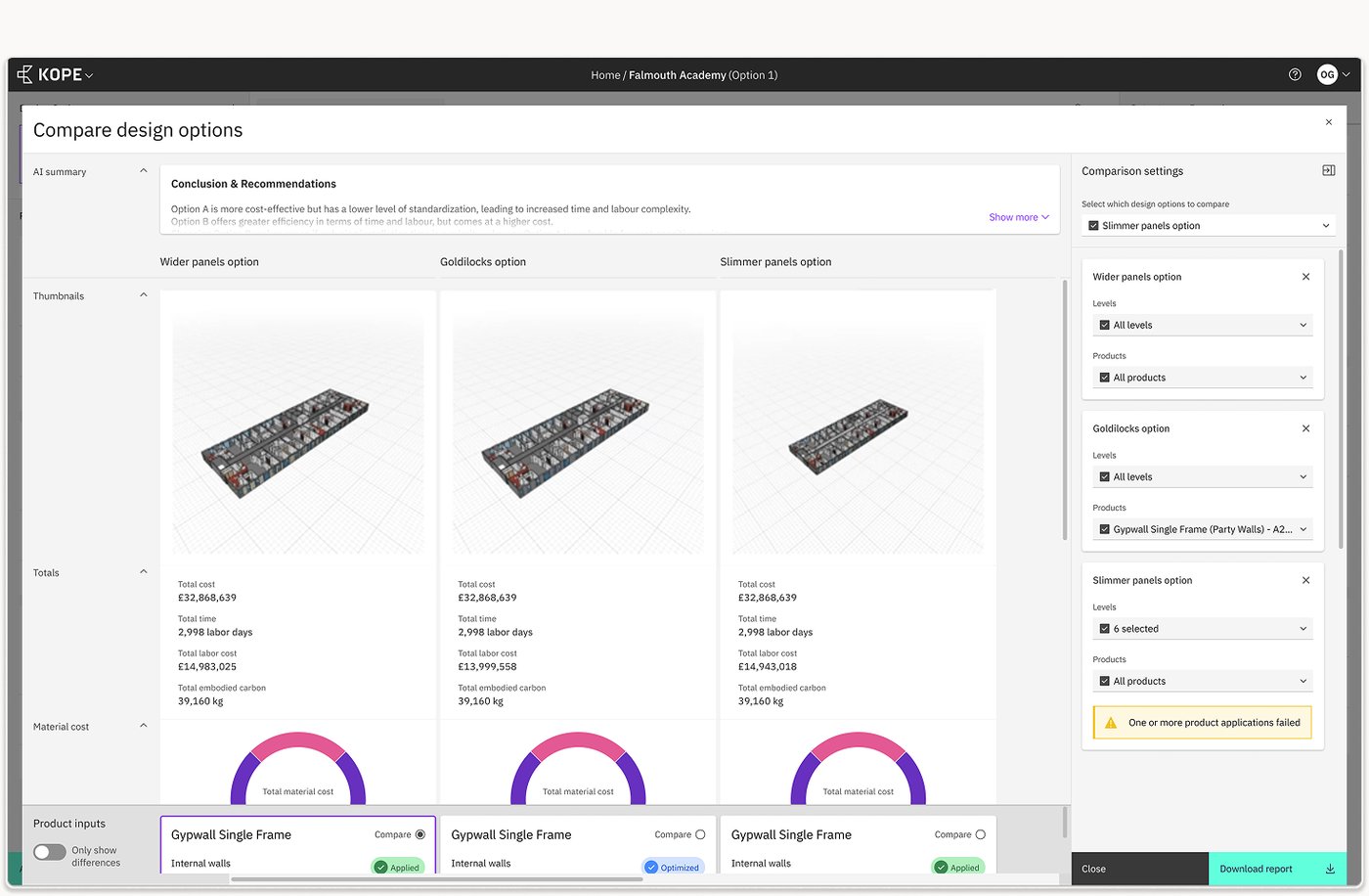 KOPE's compare view: three design options side by side with cost, time and embodied carbon totals