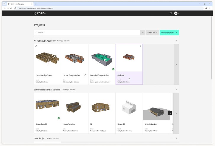 The KOPE projects dashboard: design options across Falmouth Academy and Salford Residential Scheme