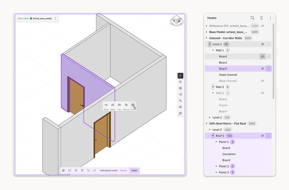 KOPE's 3D editing tools: wall editing with break, merge and flip controls beside the model tree panel