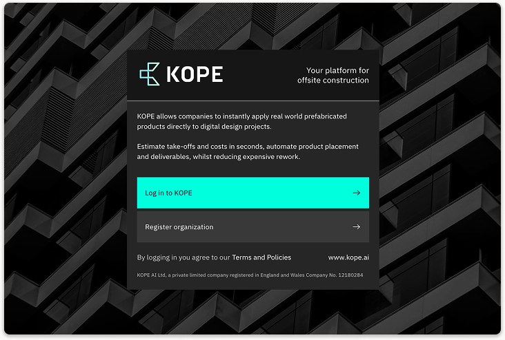 KOPE's login screen over a dark architectural photograph