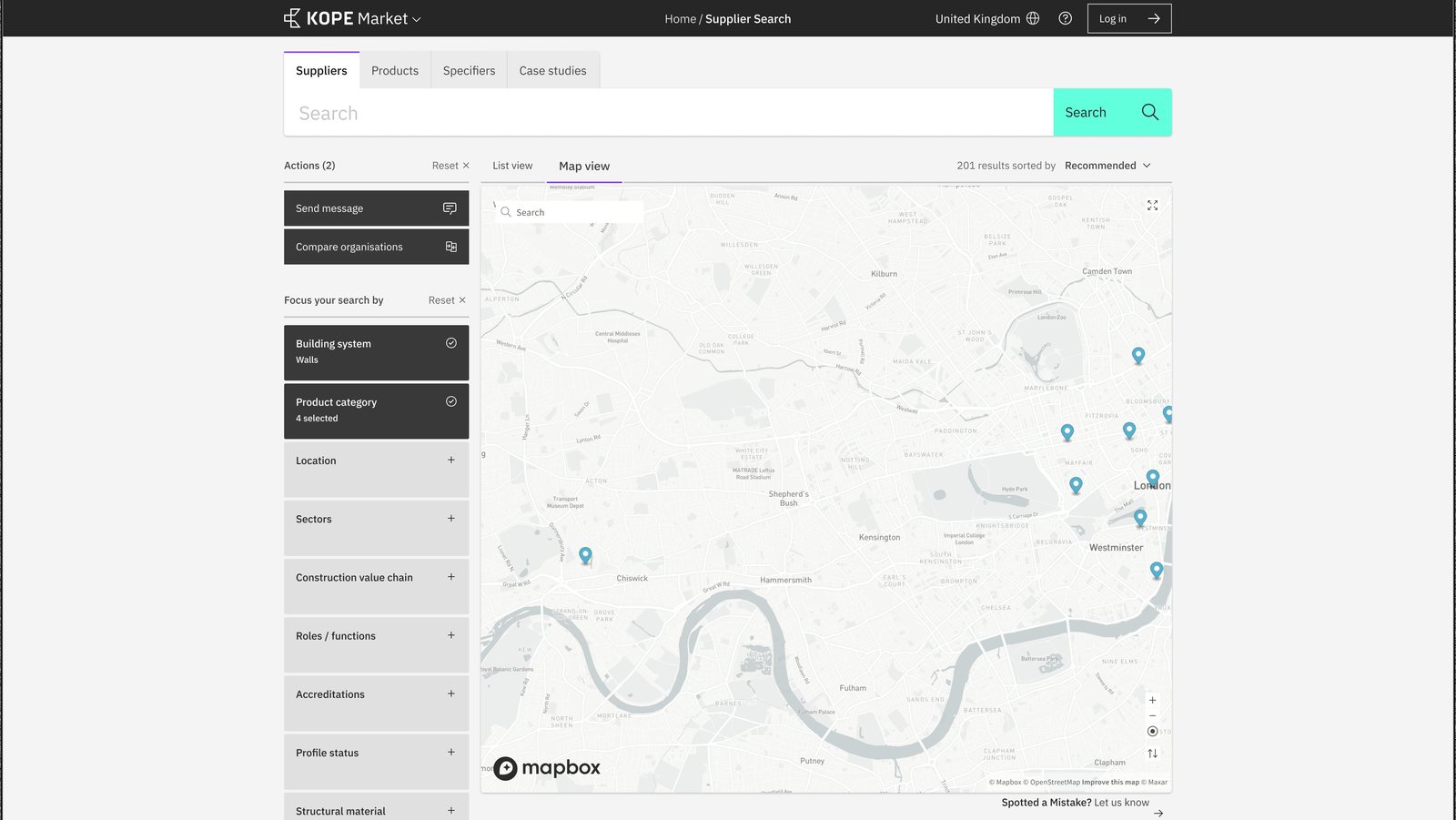 KOPE Market's supplier map view: filtered organisations pinned across London