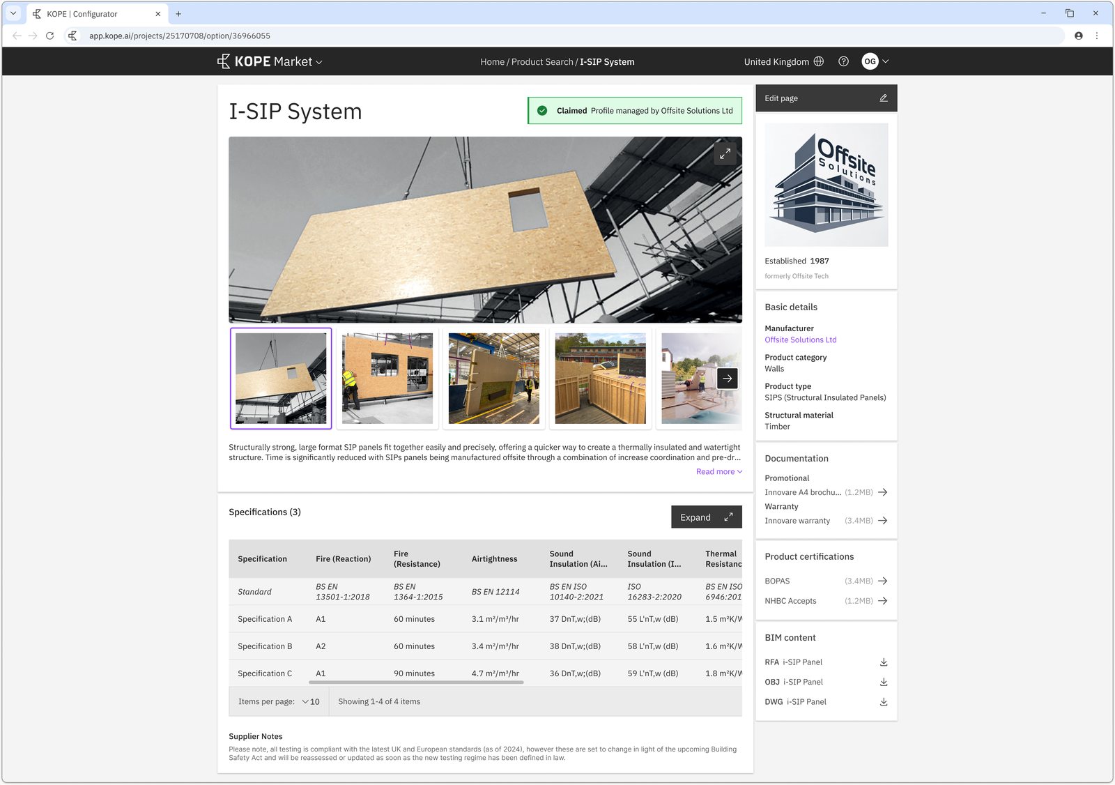 A product detail page: the I-SIP System with photo gallery, specifications table and BIM downloads
