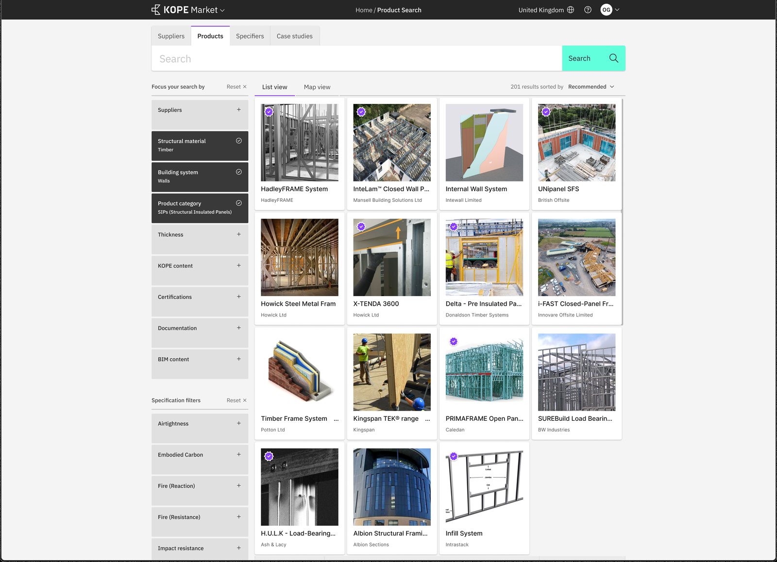 KOPE Market's product search: a filterable grid of wall systems from different manufacturers