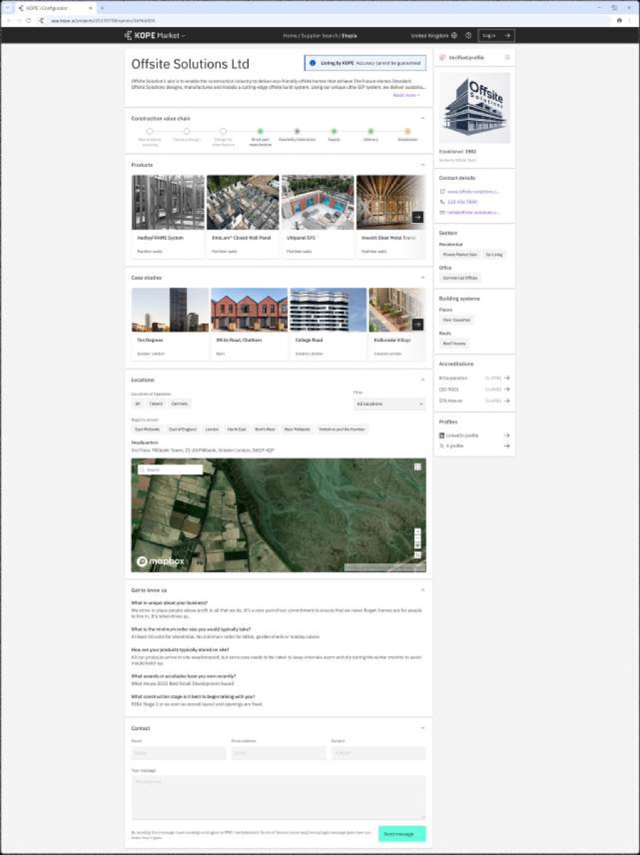A manufacturer profile page on KOPE Market showing products, case studies and locations