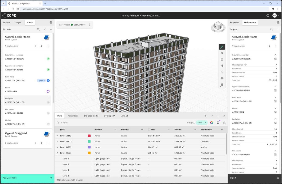 The KOPE configurator with a building model open in its 3D viewer