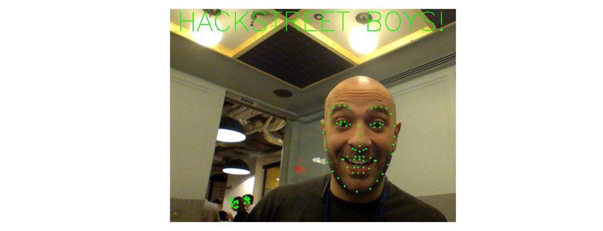 A live webcam selfie inside Dynamo with green facial landmark dots and the caption Hackstreet Boys