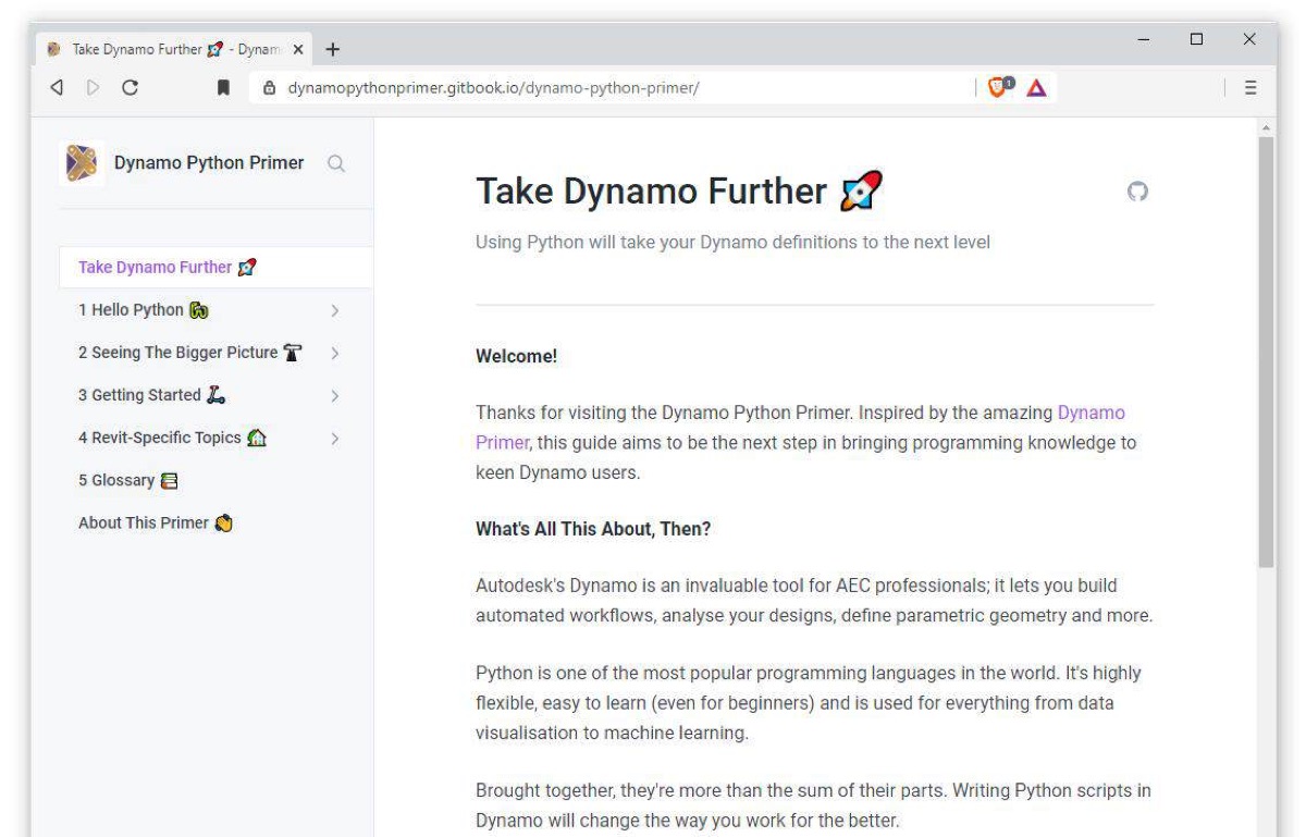 The Dynamo Python Primer on Gitbook, open at its welcome page