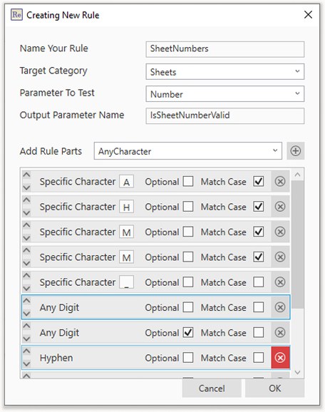Building a rule from plain-English parts: Specific Character, Any Digit, Hyphen