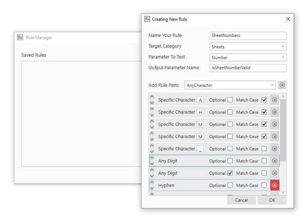 Regular's rule manager: building a plain-English data format rule from parts like 'Specific Character' and 'Any Digit'